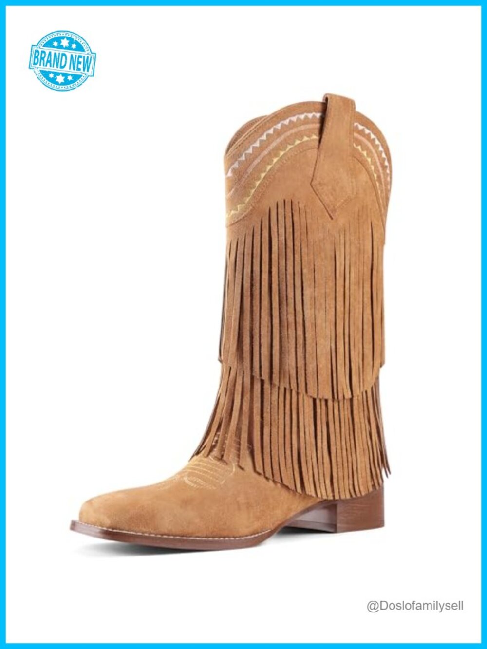 Fringe Mid Calf Western Cowgirl Boots Block Heel Square Toe Pull On
